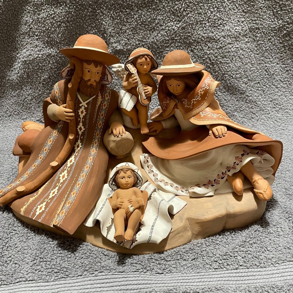 Lucuma Designs Terracotta Nativity Scene Figurine with Angel Musician Baby Jesus